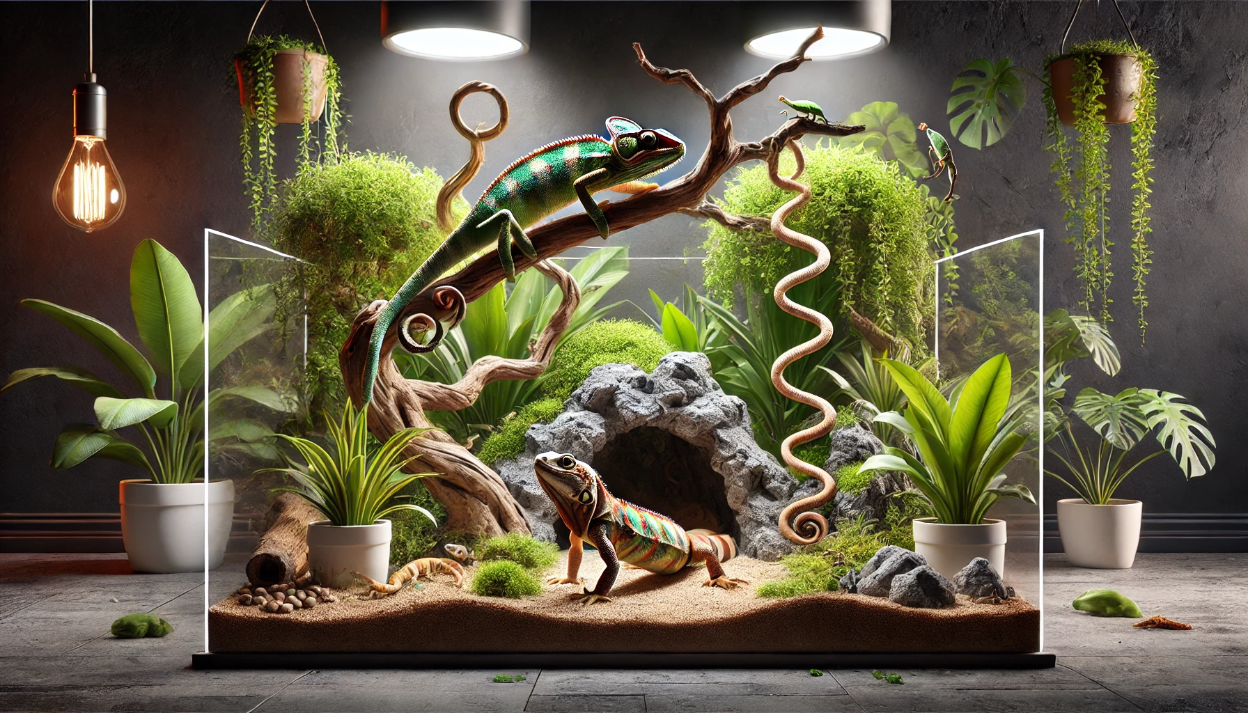 Imagen 3D de un terrario para reptiles con un camaleón en una rama, una serpiente en una cueva y un gecko explorando alrededor de plantas. El terrario cuenta con rocas, ramas y vegetación, creando un entorno natural y adecuado para reptiles.