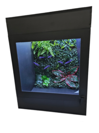 Terrario de PVC negro de 46x46x60 cm con ventilación superior y trasera, y cerrojo de seguridad para reptiles.