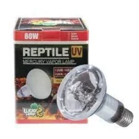 Imagen de la Bombilla de Vapor de Mercurio 80W, que proporciona luz, calor, UVA y UVB para reptiles.